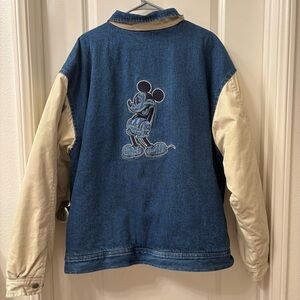 Disney Mickey Mouse Jacket Mens XL Blue Denim Snap Front Quilted Varsity Vintage
